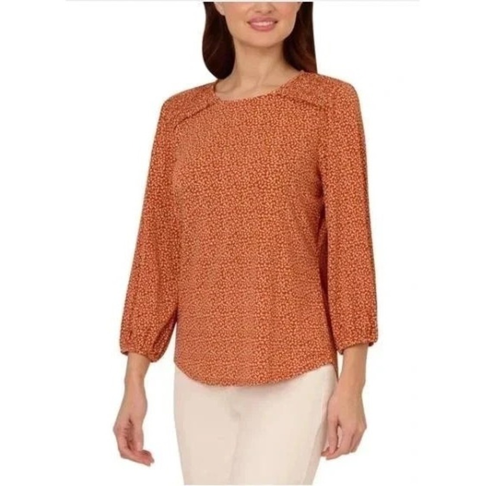 Adrianna Papell Womens 3/4 Sleeve Stretch Soft Blouse Orange Micro Print M